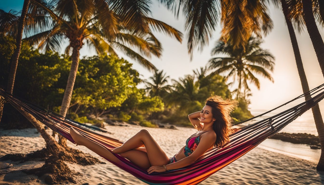 A vibrant photo of a woman relaxing in a colorful swimsuit on a hammock between palm trees.