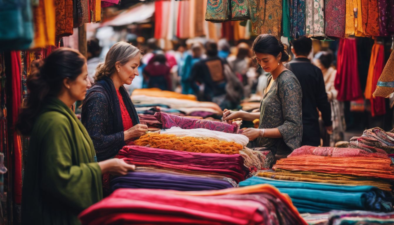 A group of women explore vibrant fabric stalls in a lively traditional market.