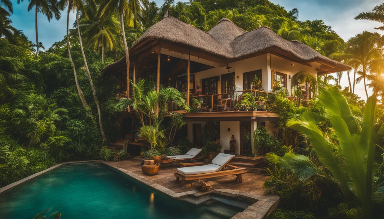 A cozy bungalow surrounded by lush tropical foliage, featuring different people, outfits, and hairstyles, captured in a well-lit and bustling atmosphere.