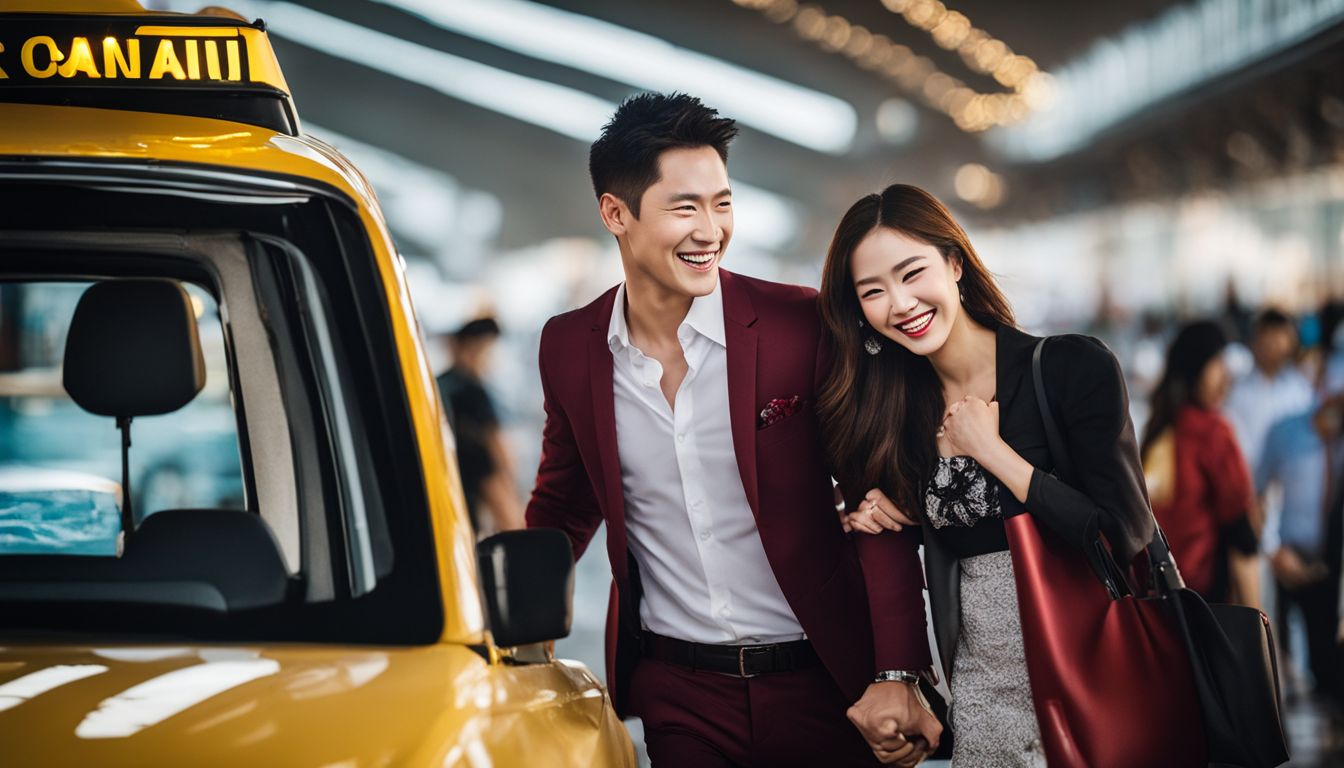 A couple smiles as they exit a private taxi at Tan Son Nhat International Airport.