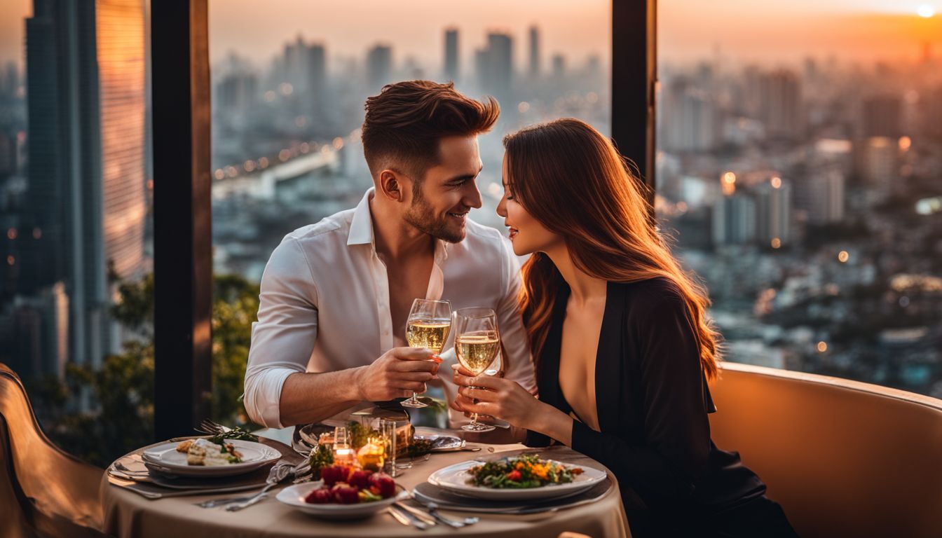 A couple enjoying a romantic dinner overlooking the Bangkok city skyline.