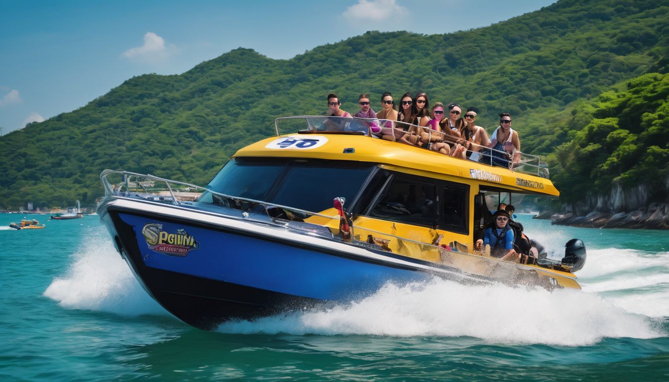 A diverse group of tourists enjoy a thrilling speedboat ride in Pattaya, surrounded by a picturesque seascape.