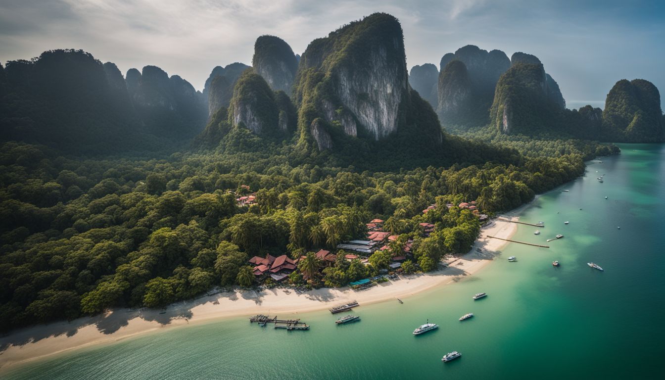 An aerial photo of Railay Beach surrounded by lush jungle-covered mountains and filled with a diverse crowd.