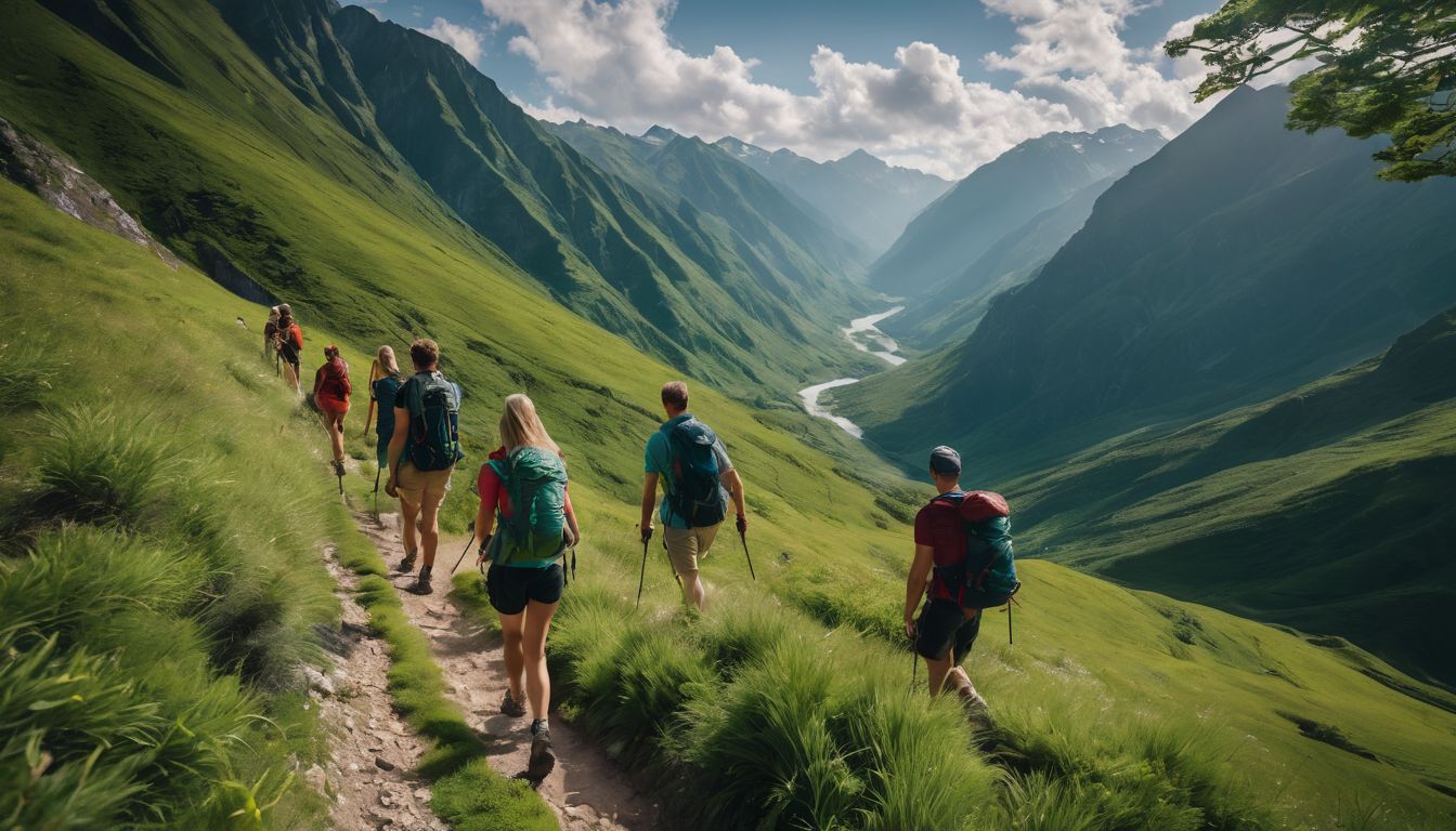 A group of hikers walking along a scenic trail with lush green mountains in the background.