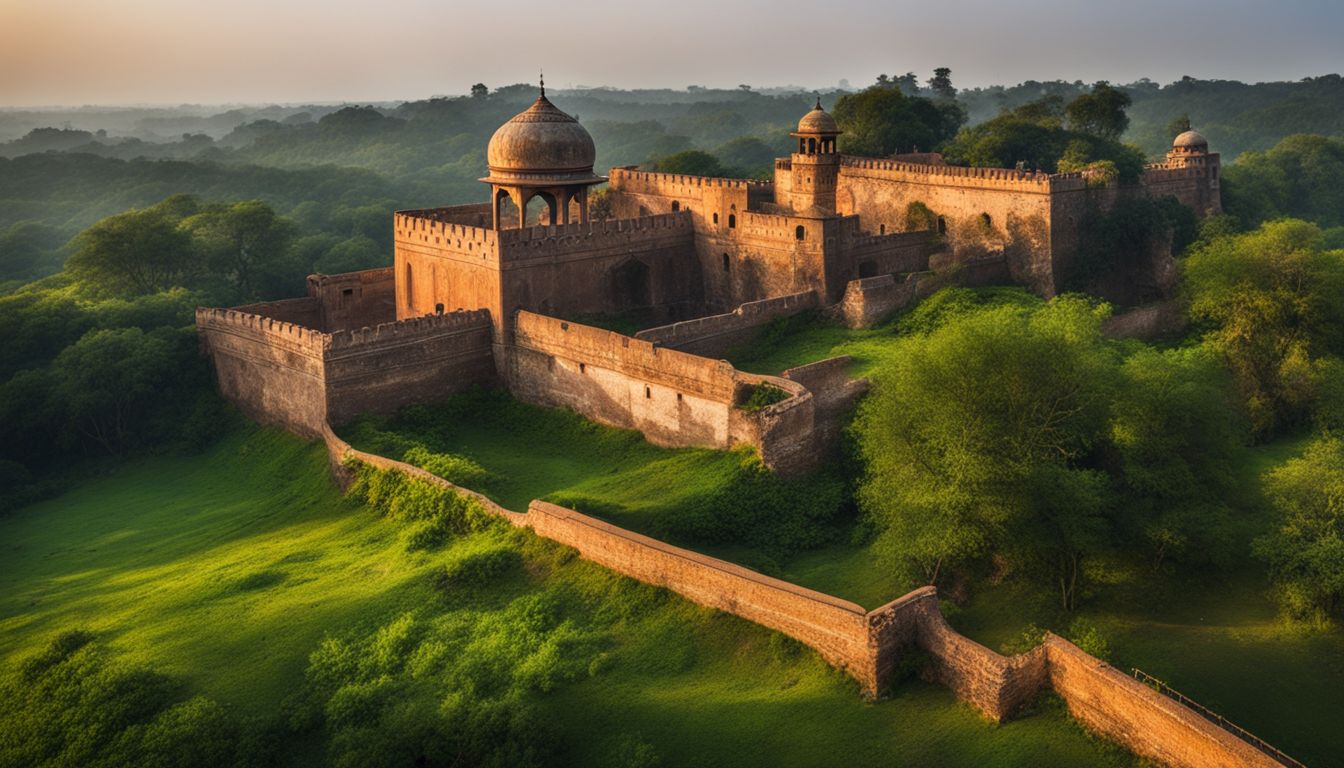 A photograph of a dilapidated Mughal fort surrounded by silence and overgrowth, capturing a serene and abandoned atmosphere.