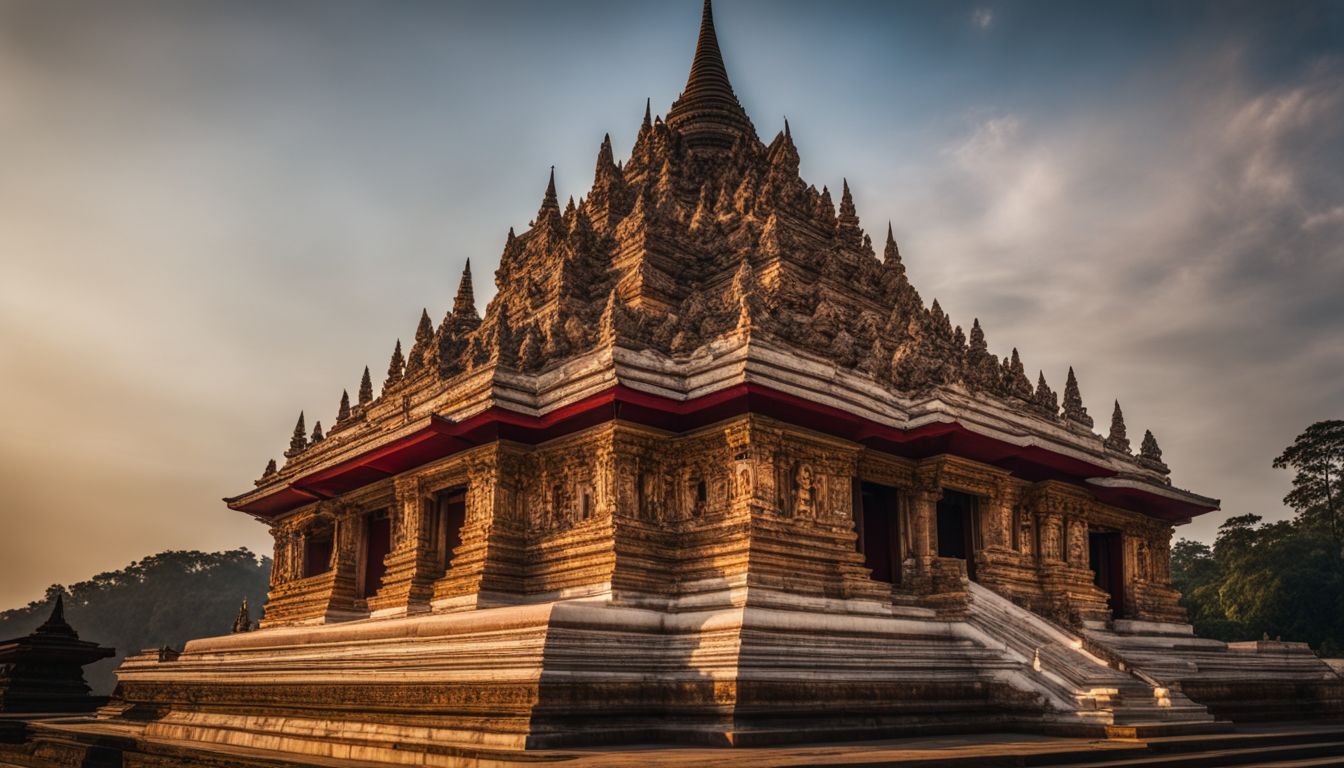 The intricate details of the ancient Buddhist architecture at Somapura Mahavihara captured in a vibrant photograph.