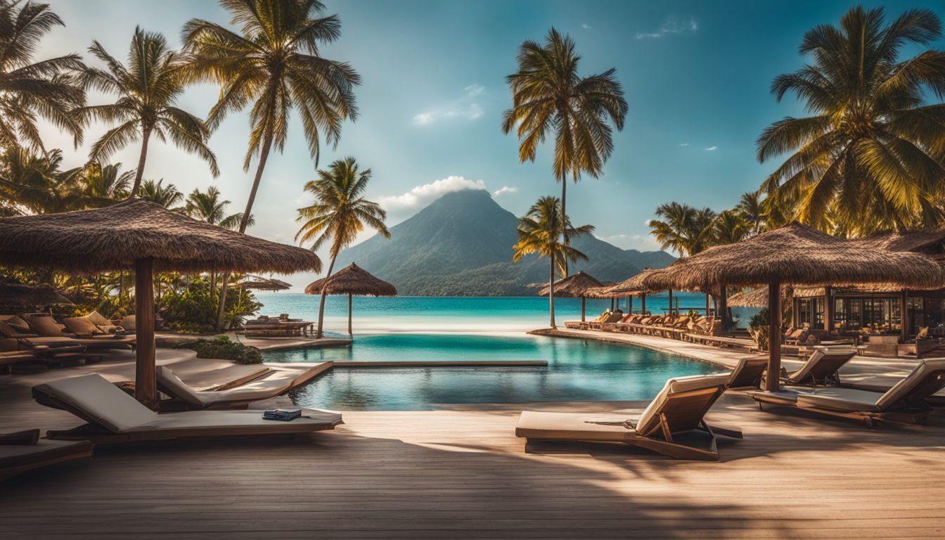A stunning beach resort with palm trees, clear blue waters, and a bustling atmosphere captured in a luxurious photograph.