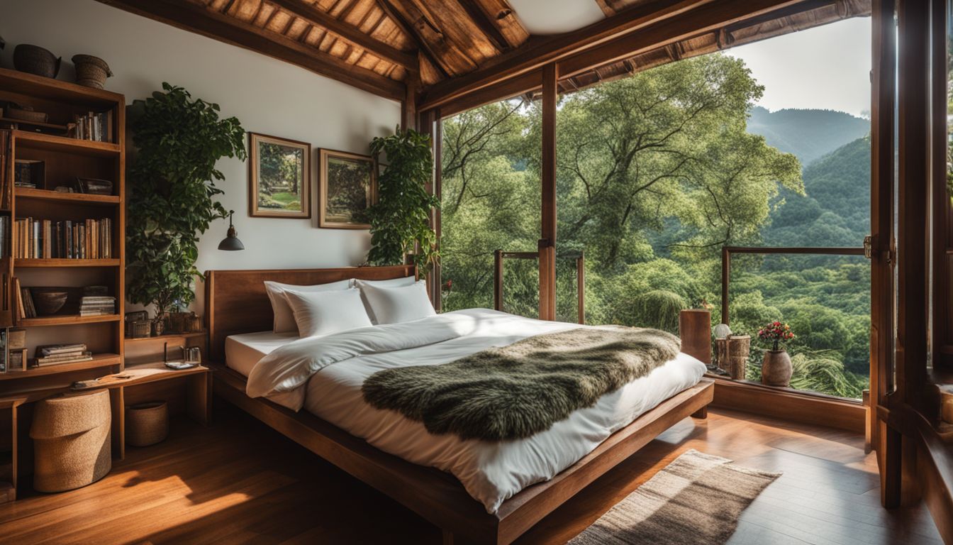 A cozy guesthouse room with a neatly made bed and a view of lush greenery outside.