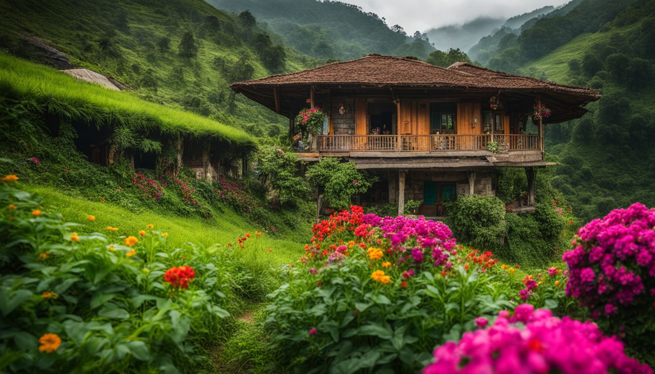 A cozy homestay in Khagrachari surrounded by vibrant flowers, showcasing diverse faces, hairstyles, and outfits.