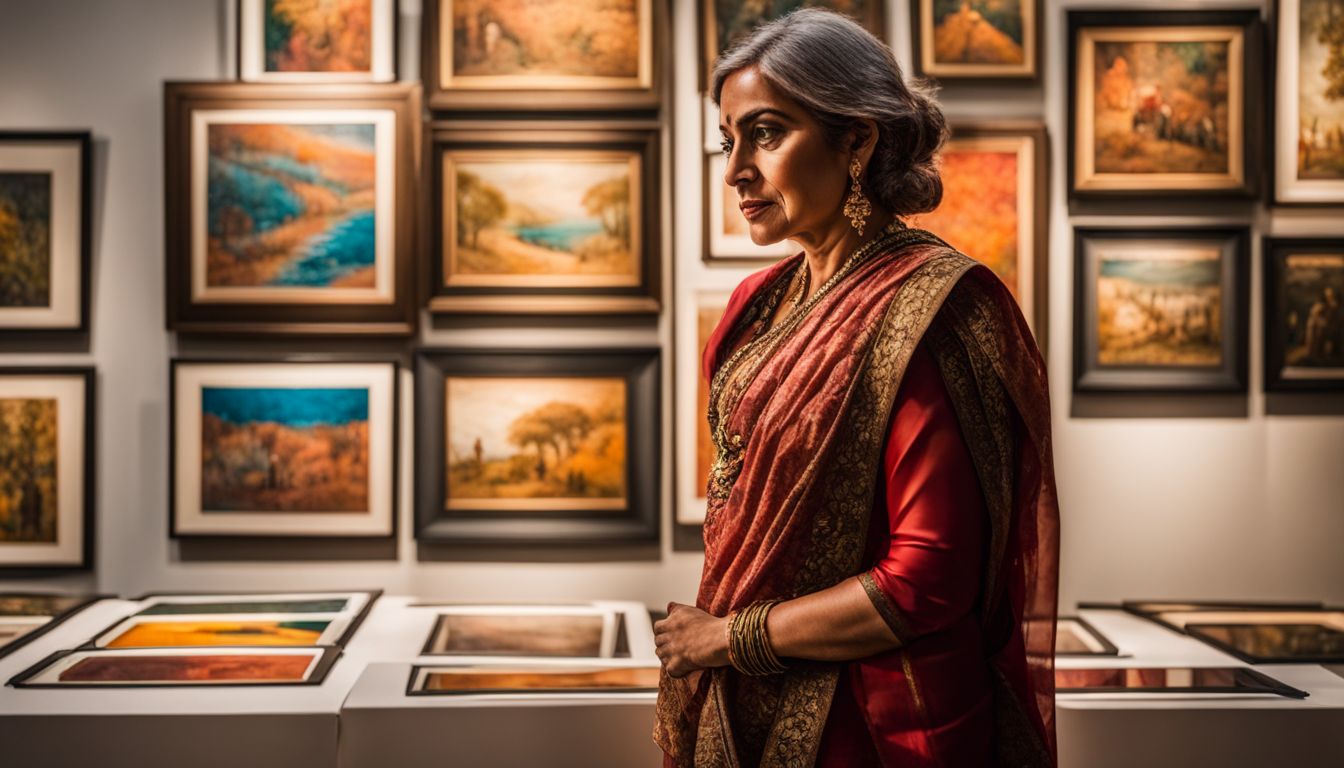 An art collector examines a vibrant Bangladeshi painting in a well-lit gallery bustling with diverse people.