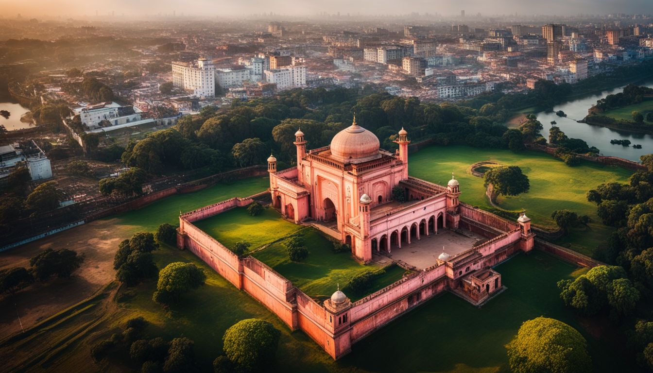 An aerial view of Lalbagh Fort with surrounding landscapes and a bustling atmosphere.