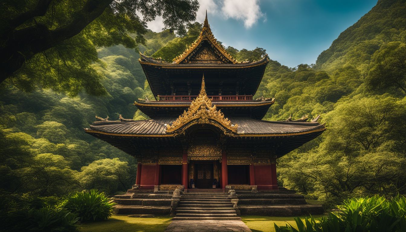 A stunning photo of an ancient Buddhist shrine surrounded by lush greenery and a bustling atmosphere.