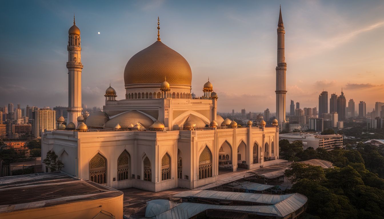 The Baitul Mukarram Mosque at sunset, showcasing its stunning architecture against the city skyline.