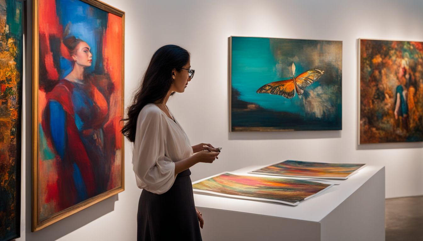 An art curator examines a vibrant painting in an art gallery surrounded by other contemporary artworks.