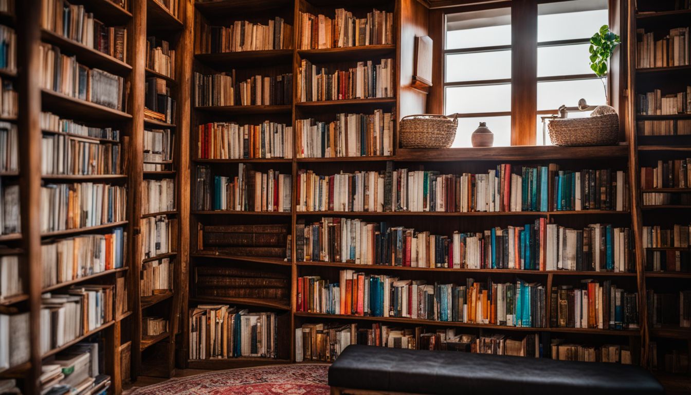A cozy reading nook surrounded by a bookshelf filled with books in various languages.