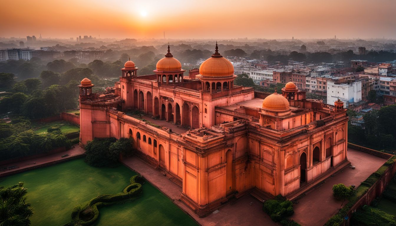 A stunning photograph capturing the sunset over Lalbagh Fort, highlighting its architectural beauty and historical significance.
