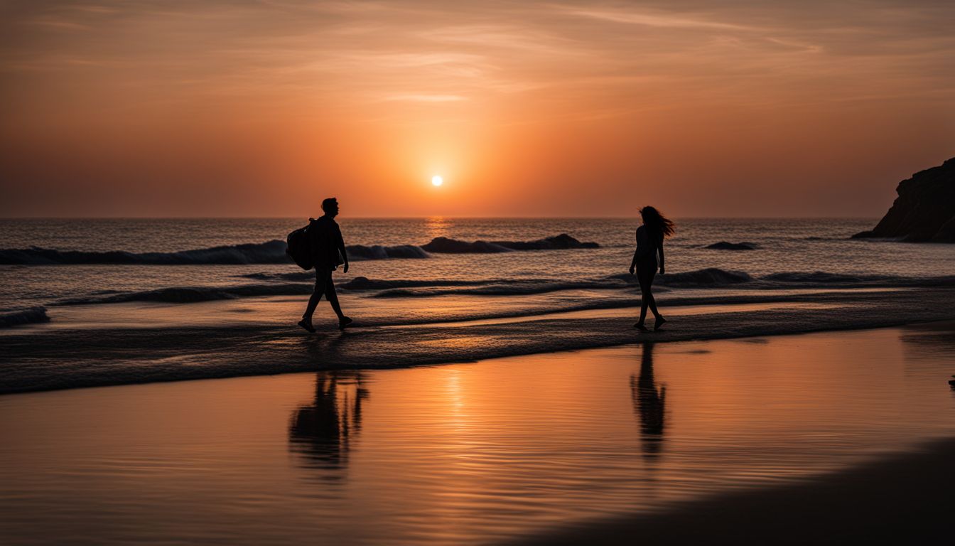 A photo of a couple walking along the shoreline at sunset on Bakkhali Sea Beach.