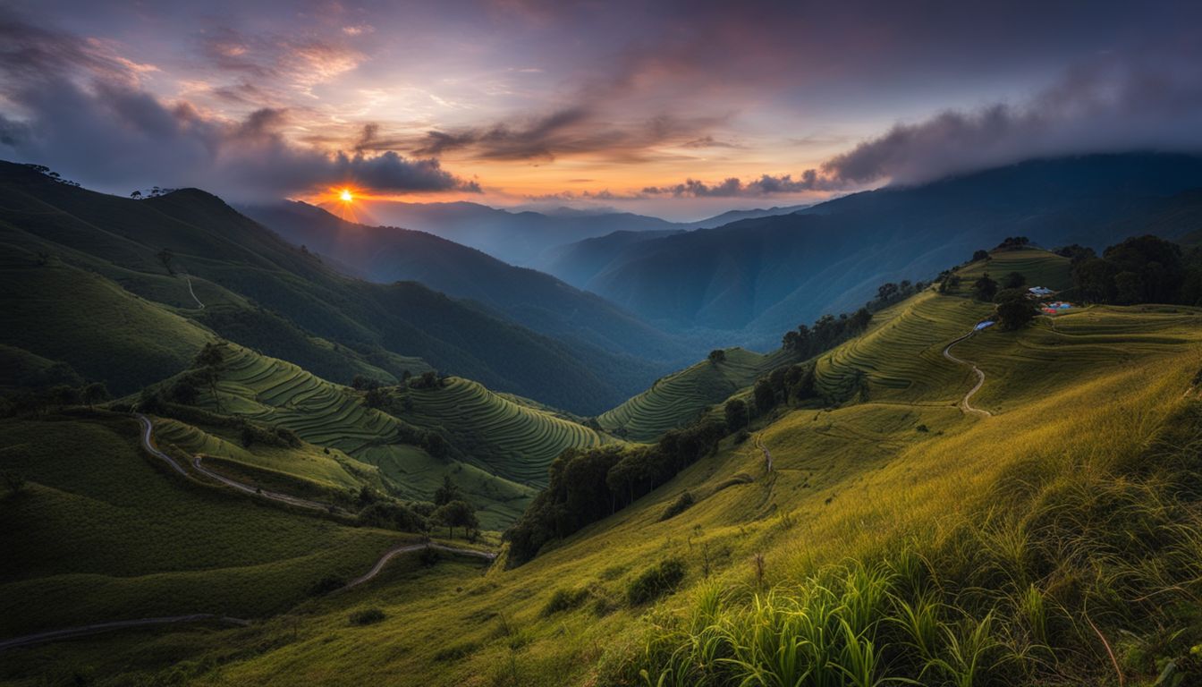 A stunning photo of the Nilgiri Mountains at sunrise, featuring diverse individuals in different outfits, capturing the essence of its breathtaking beauty.