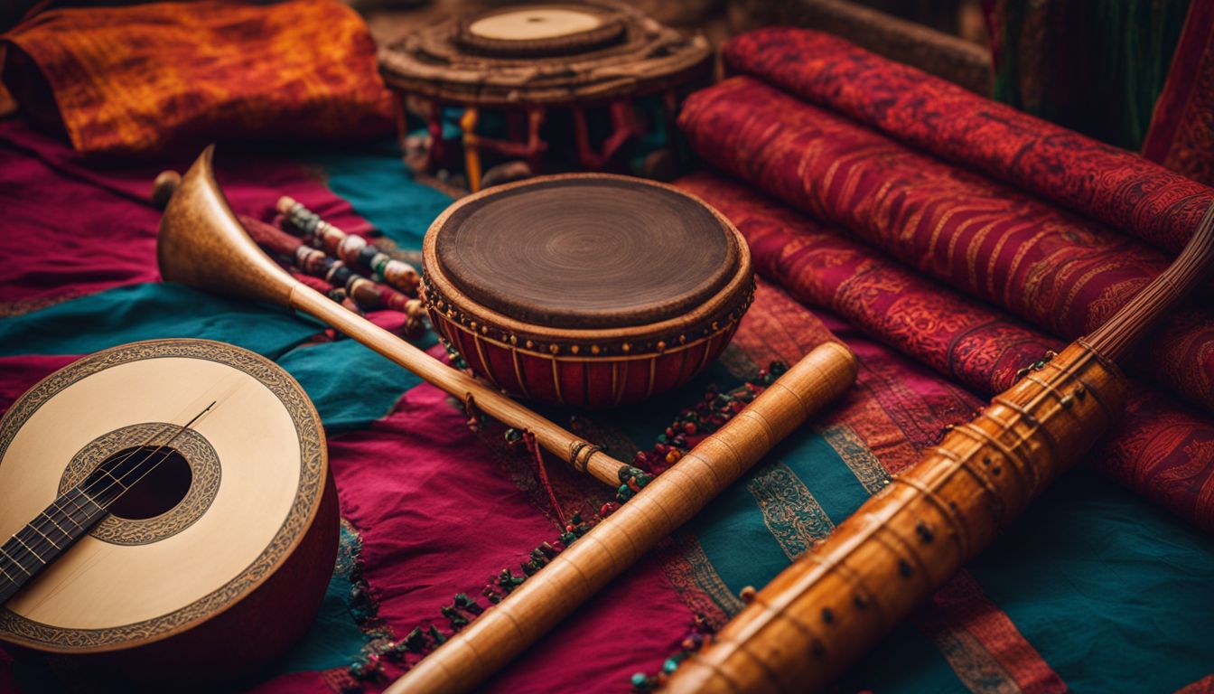 A vibrant display of traditional Bangladeshi musical instruments against a backdrop of cultural patterns.