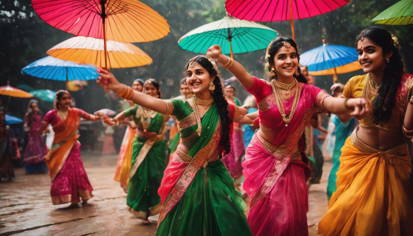 A vibrant group of young girls in Bengali attire, dancing with colorful umbrellas in a bustling atmosphere.