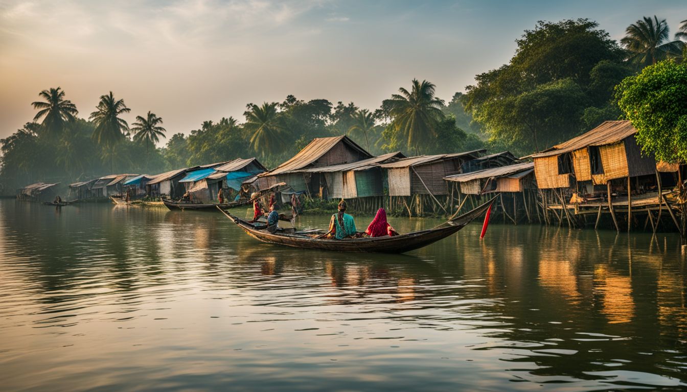 A vibrant photo of boats sailing along the canals of Barisal, surrounded by lush greenery and traditional houses.
