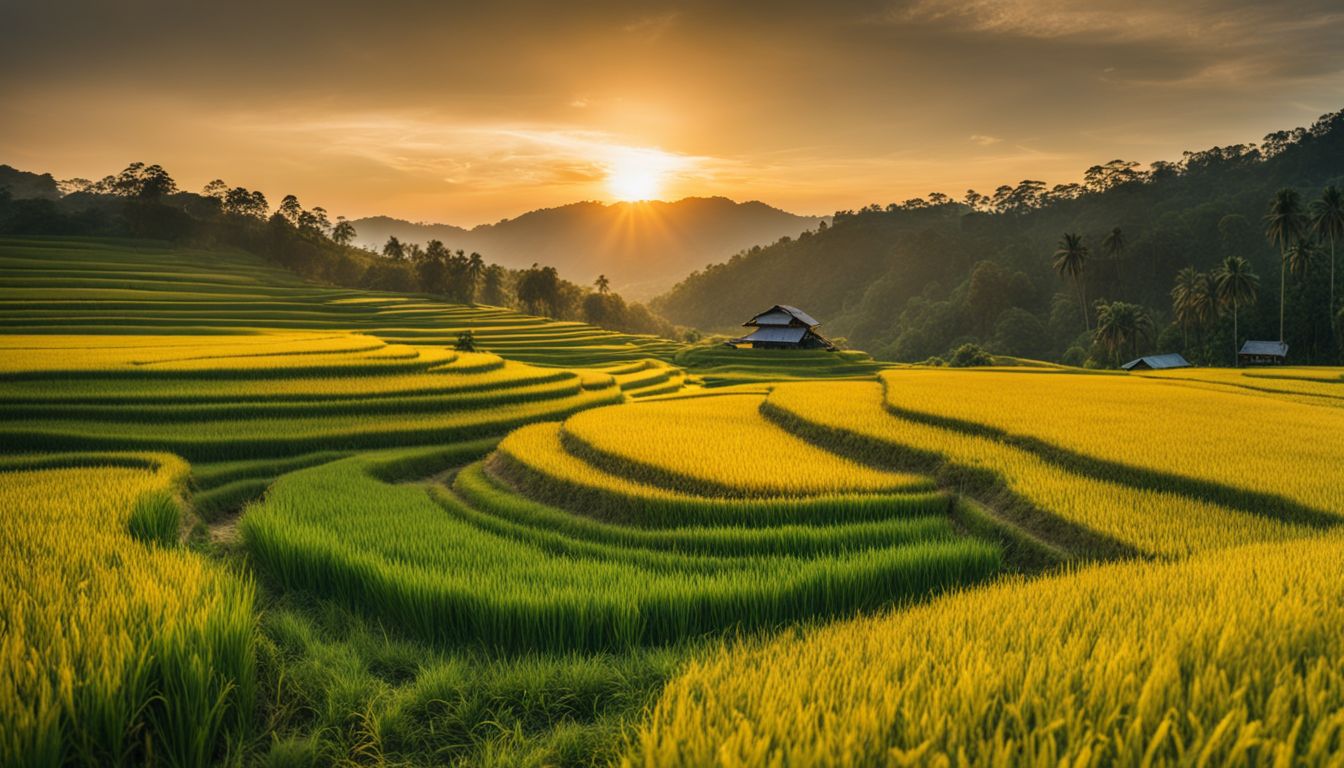 A stunning photo of a vibrant rice field at sunset with a bustling atmosphere and diverse group of people.