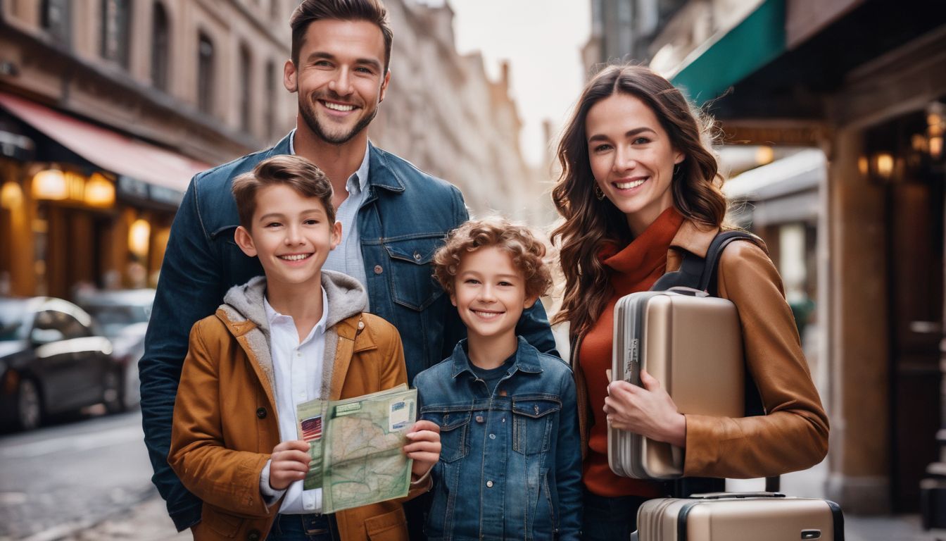 A happy family prepares for a trip, holding passports and suitcases, with a bustling cityscape in the background.