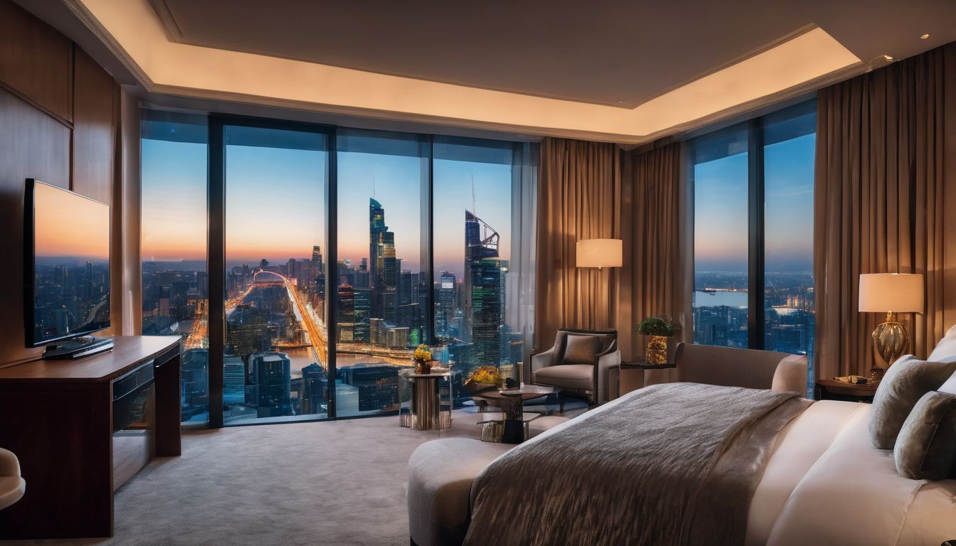A luxurious hotel room with a comfortable bed, cityscape view at night, and diverse individuals.