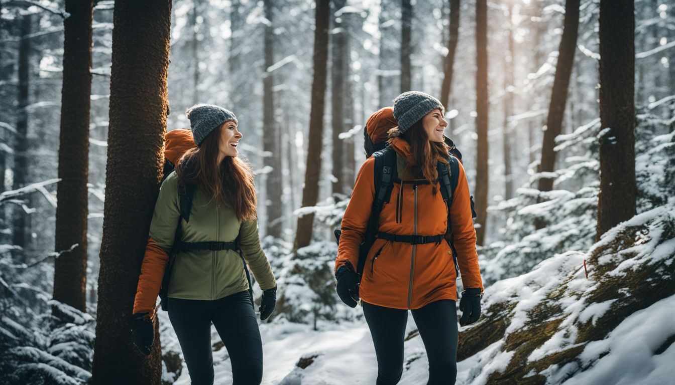 A couple enjoying a winter hike in a lush green forest surrounded by nature's beauty.