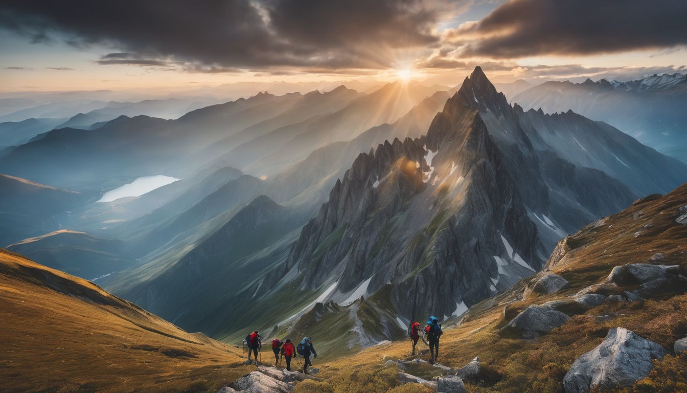 A diverse group of hikers triumphantly reach the peak of a mountain surrounded by stunning landscapes.