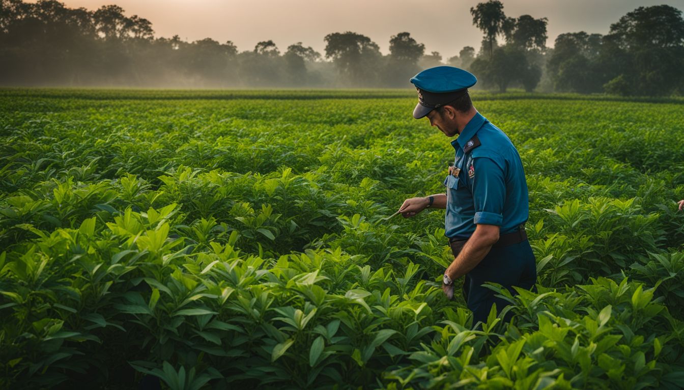 A British officer inspects indigo crops grown by local farmers in Rangpur, creating a bustling atmosphere.