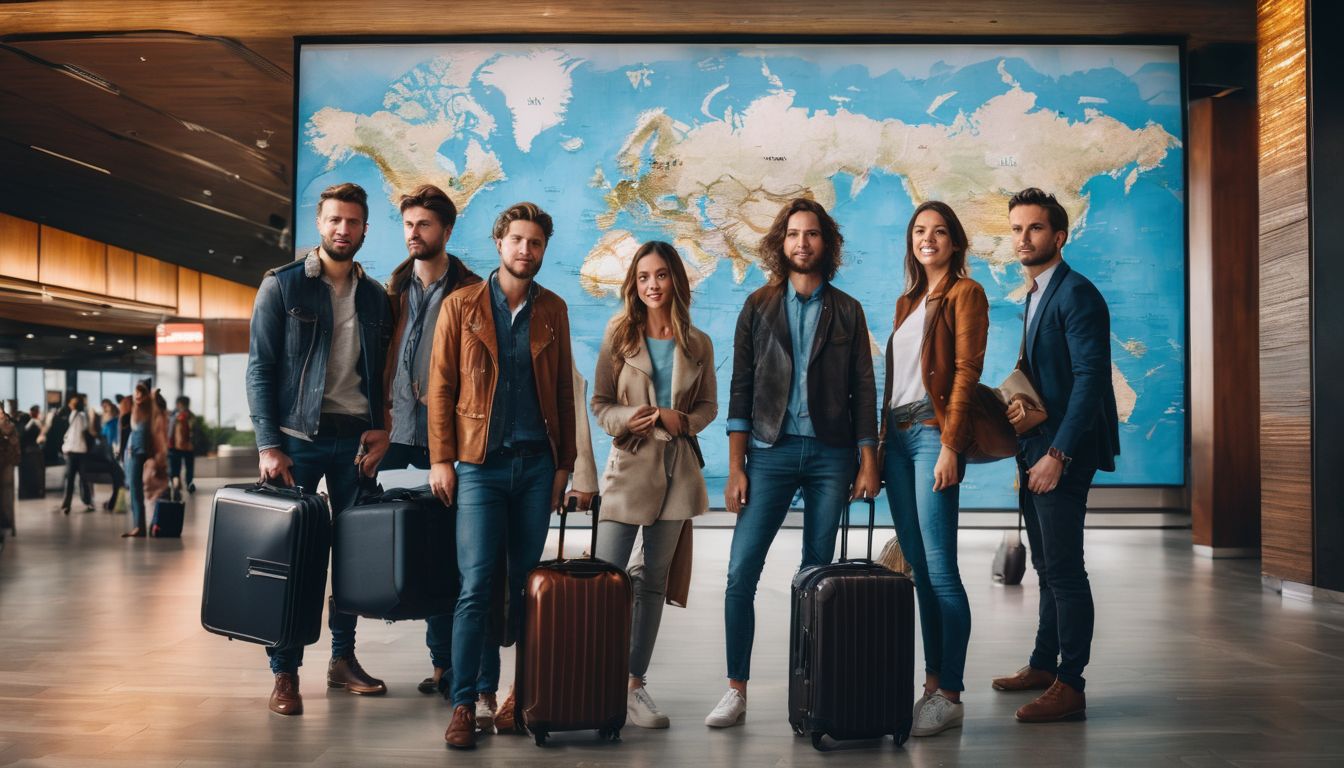 A diverse group of travelers with suitcases and passports standing in front of a world map.