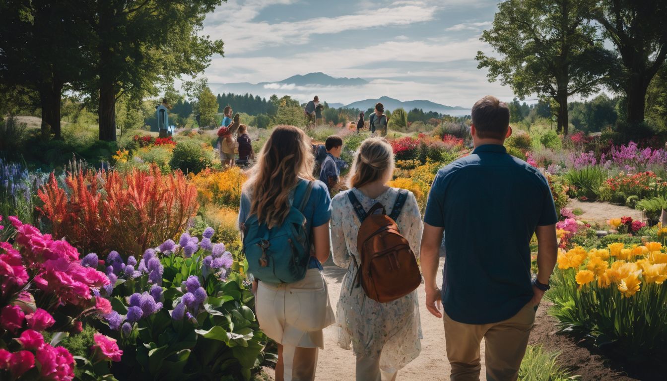 A diverse group of people explore the colorful Horticulture Heritage Park, surrounded by flowers and plants.