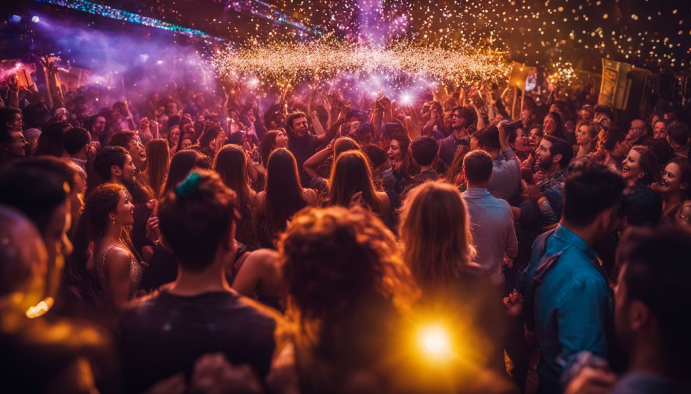 A vibrant and diverse crowd dancing energetically in a bustling nightclub.