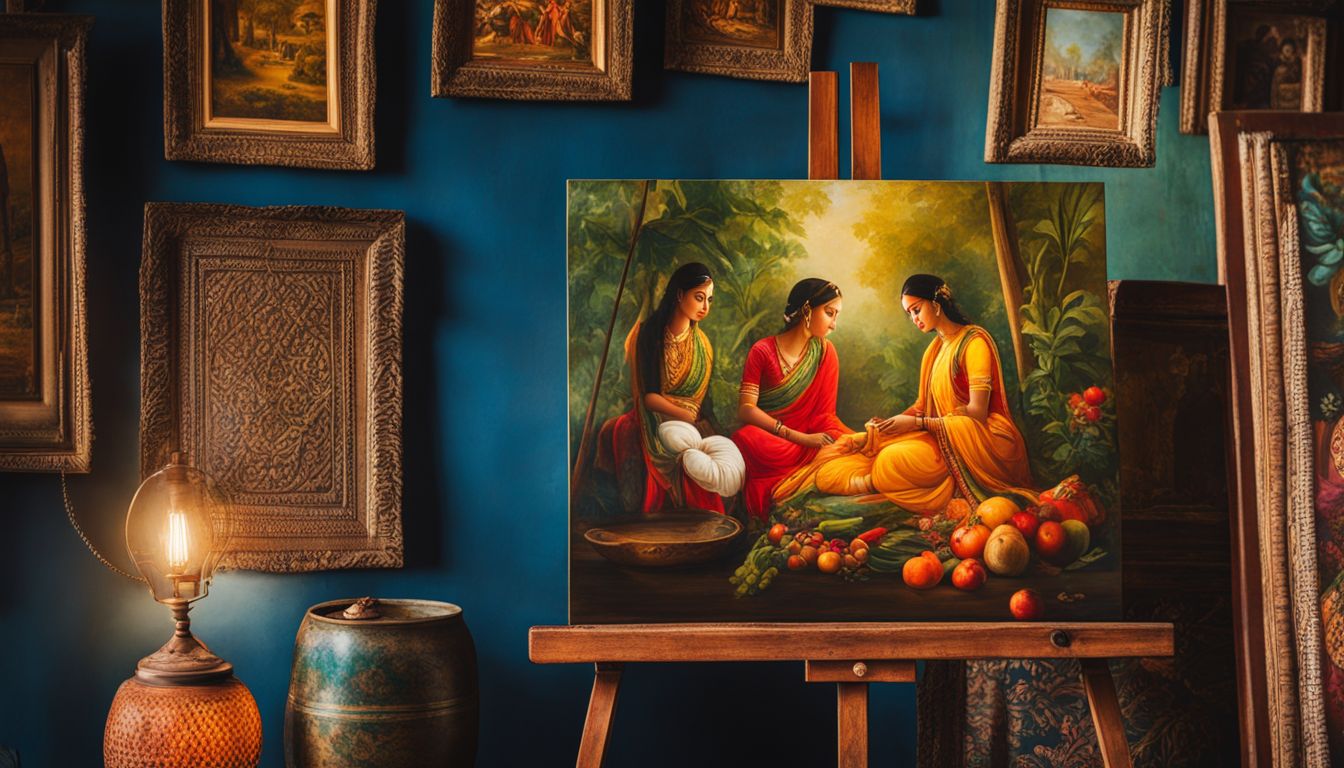 A vibrant display of Bangladeshi paintings and prints on a traditional wooden easel.