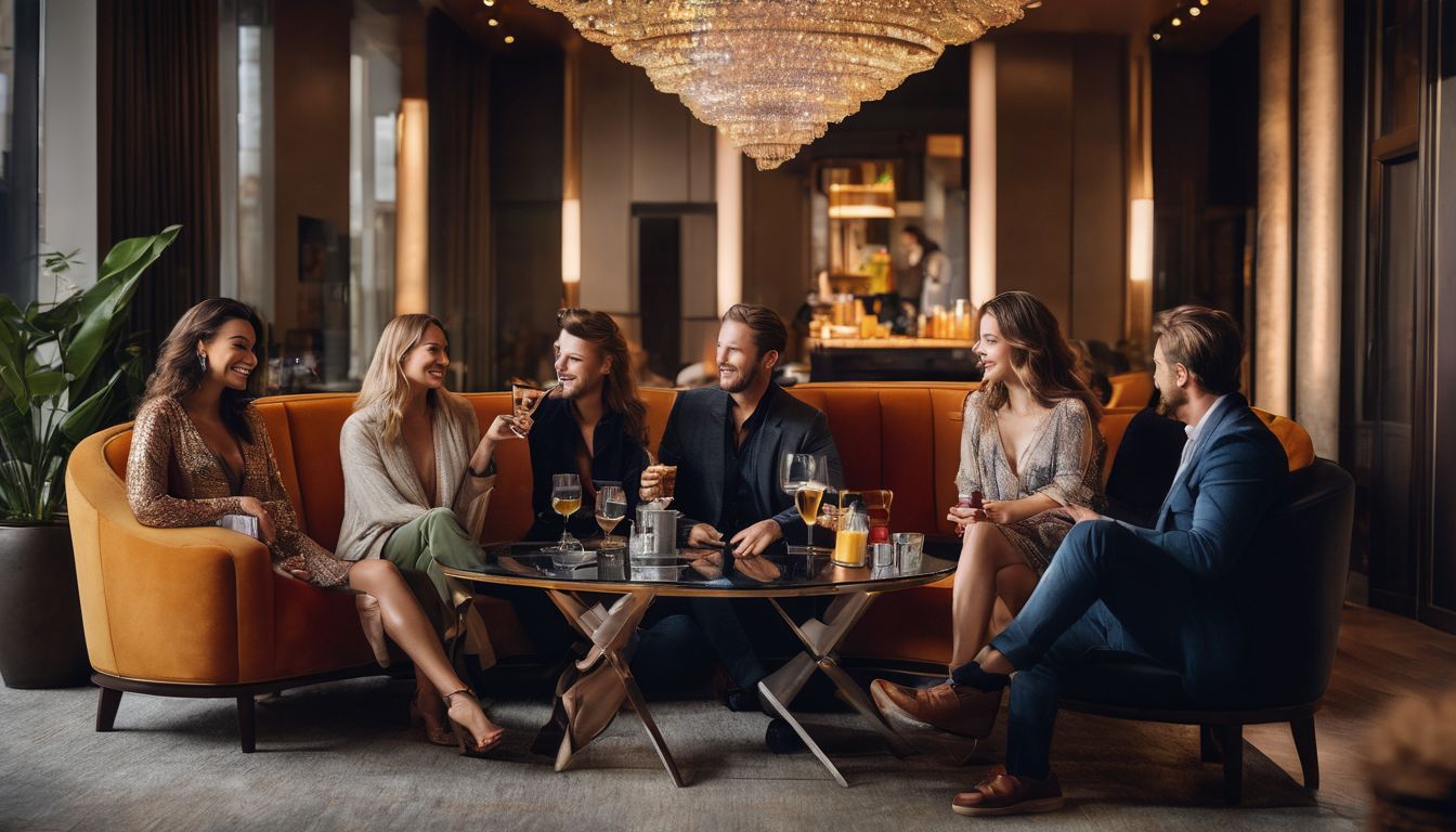 A diverse group of travelers relaxes in a hotel lobby, enjoying drinks and the bustling atmosphere.