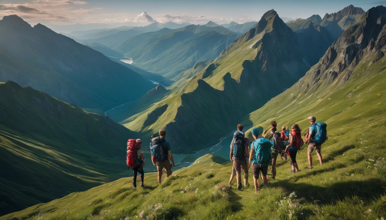 A diverse group of hikers enjoys a stunning mountaintop view in a lush green valley.