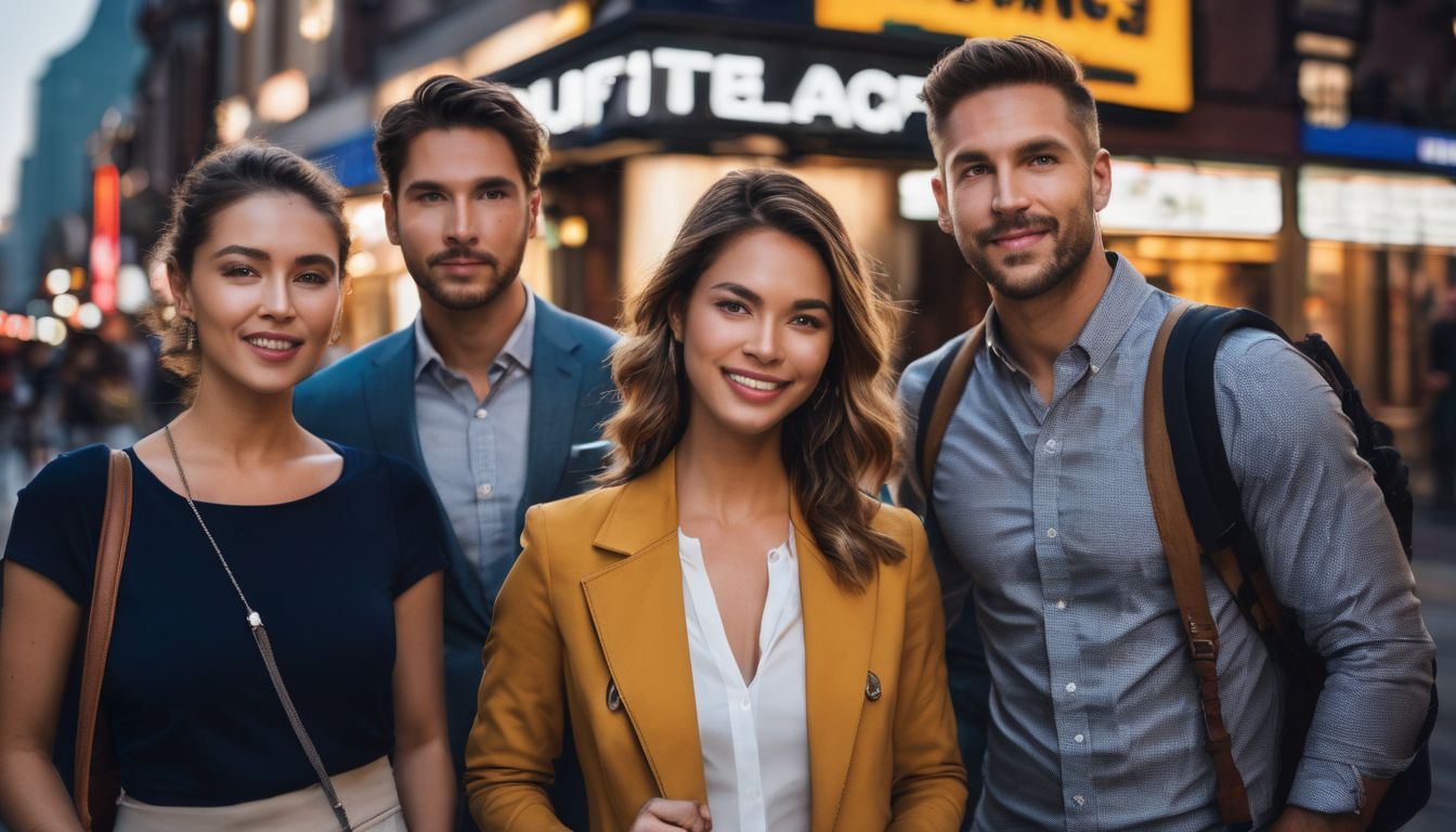 A diverse group of travelers poses in front of a travel agency sign.