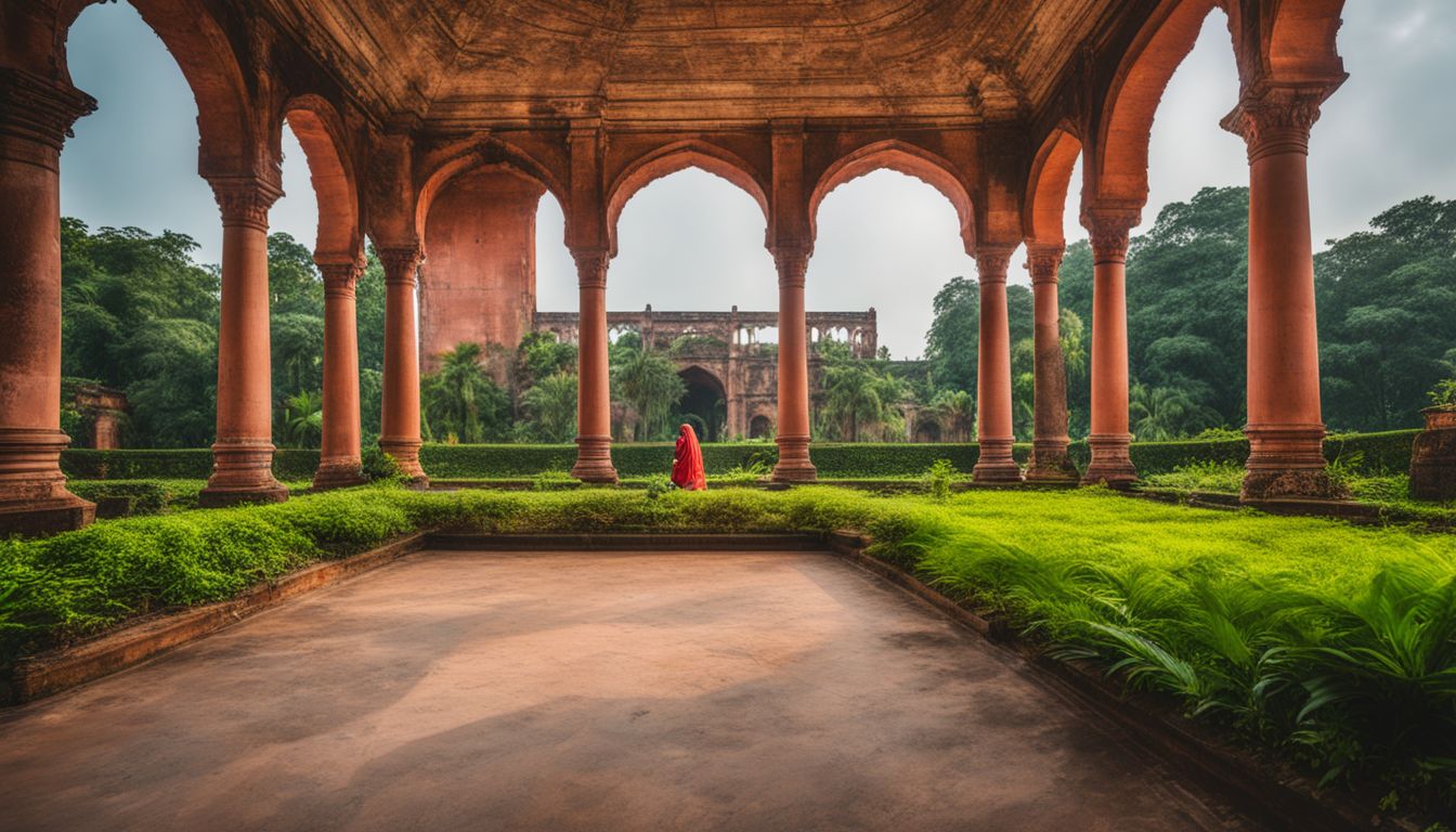 The photo captures the ancient walls of Dhaka Lalbagh Fort surrounded by lush greenery, highlighting its historical beauty and vibrant atmosphere.