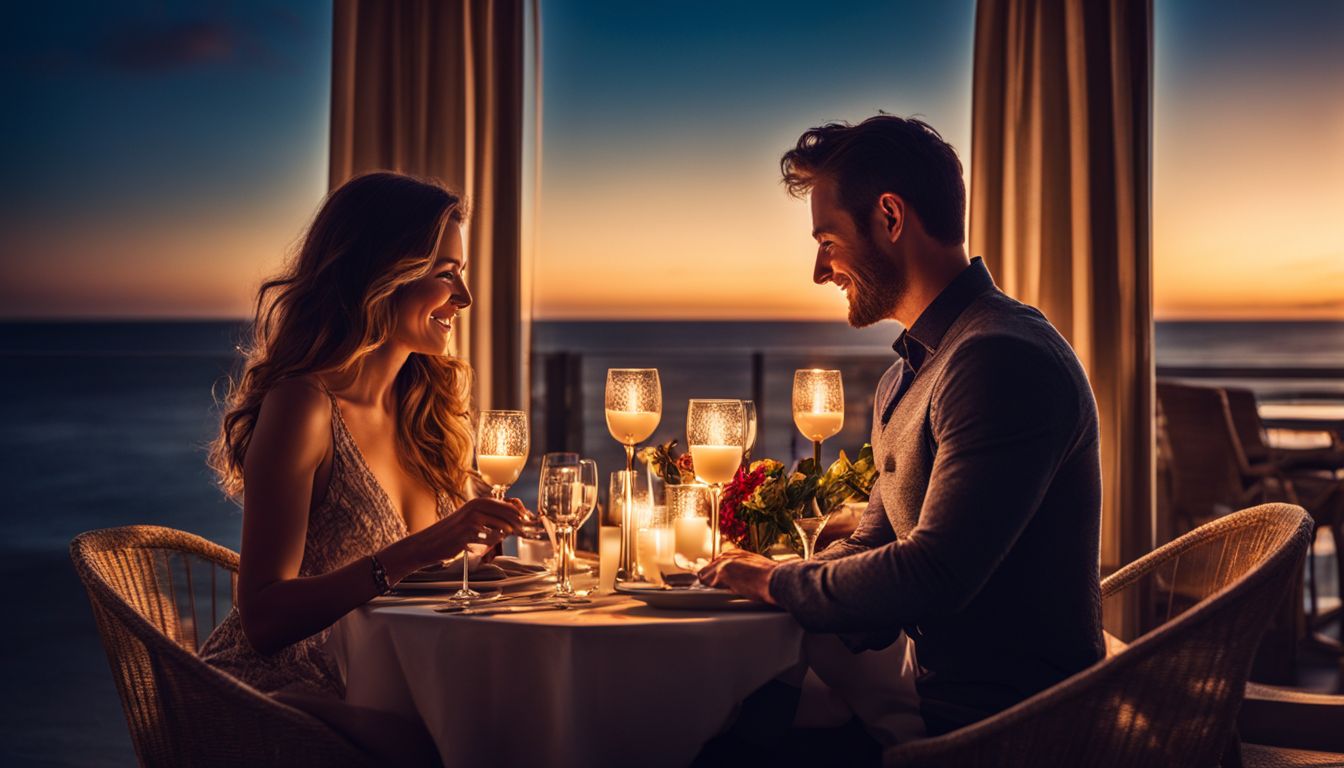 A couple enjoys a romantic candlelit dinner at a beachfront hotel, captured in a stunning photograph.