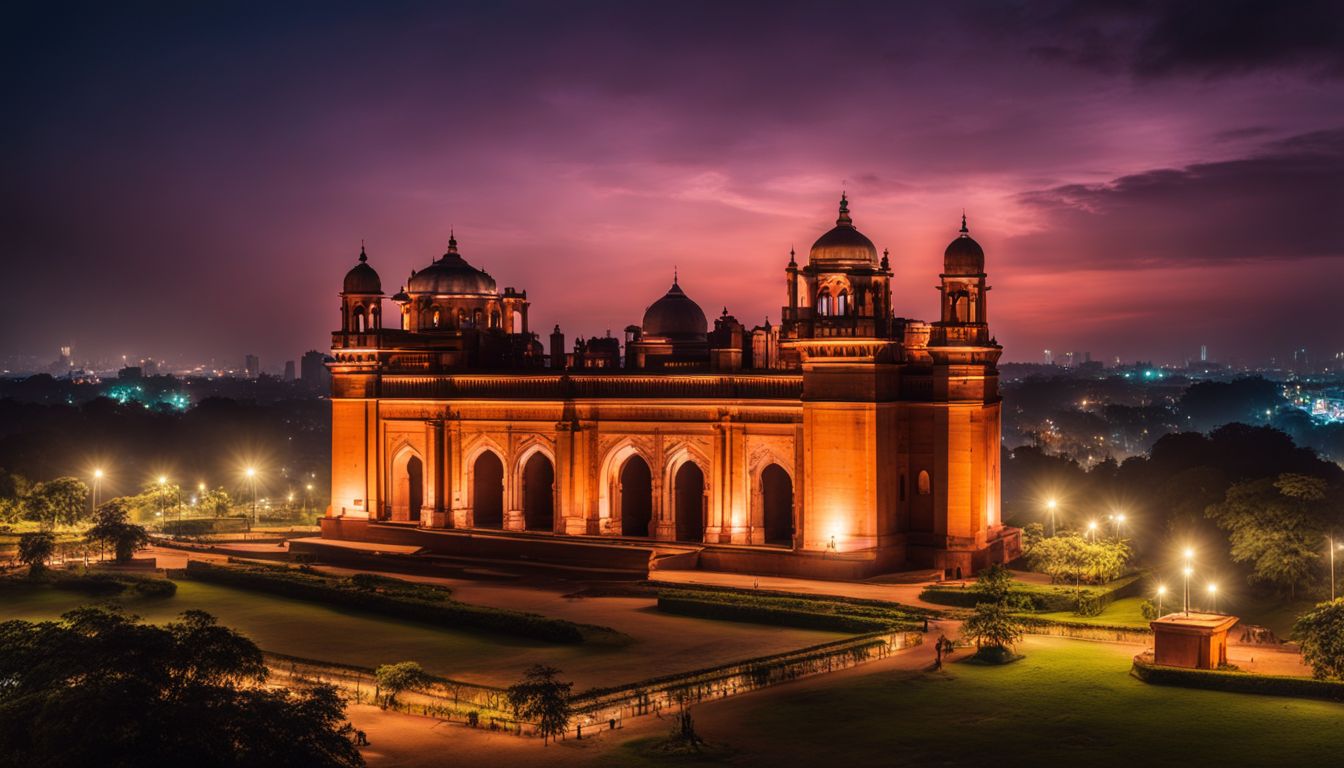 A stunning night photograph of the illuminated Lalbagh Fort, capturing the bustling atmosphere with a wide-angle lens.