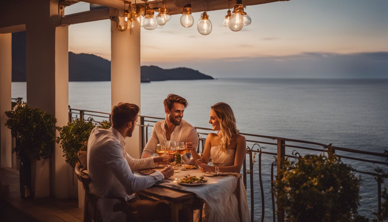 A couple enjoys a romantic dinner on a private balcony overlooking the sea.