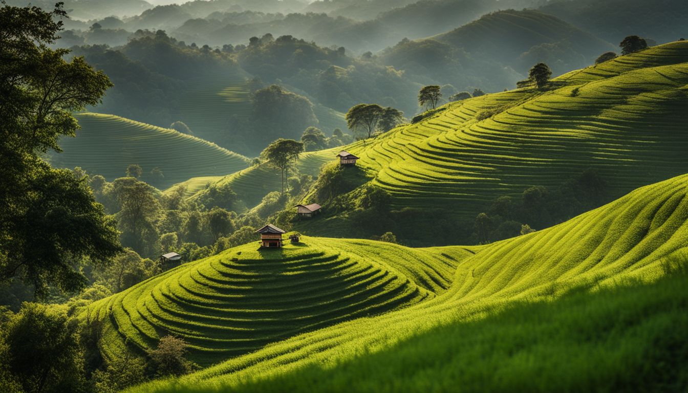 A picturesque view of the rolling hills of Myanmar, covered in lush green forests, captured in stunning detail.
