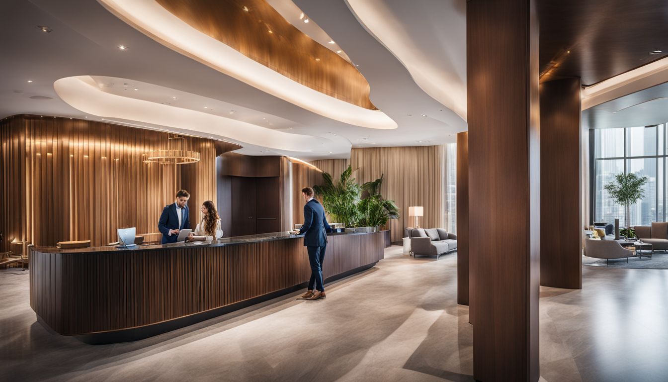 A business traveler checking into a modern hotel reception desk in a bustling atmosphere.
