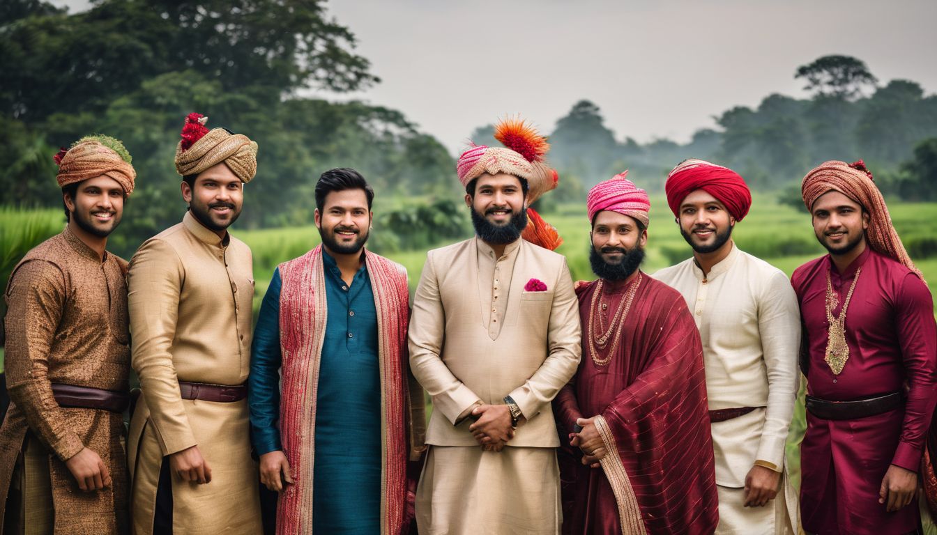 A group of men in traditional Bangladeshi dresses posing outdoors in a majestic setting.