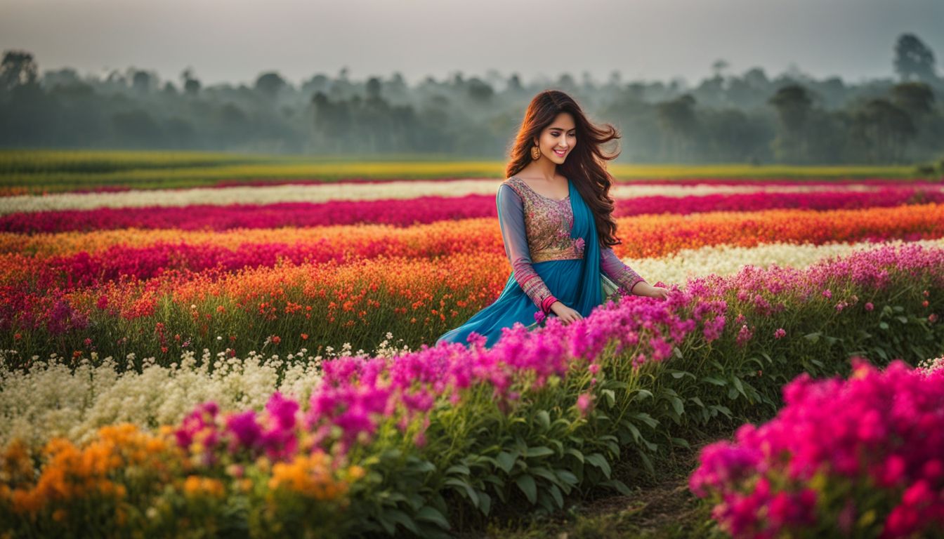 A vibrant flower field in Bangladesh with a diverse group of people and beautiful landscape.