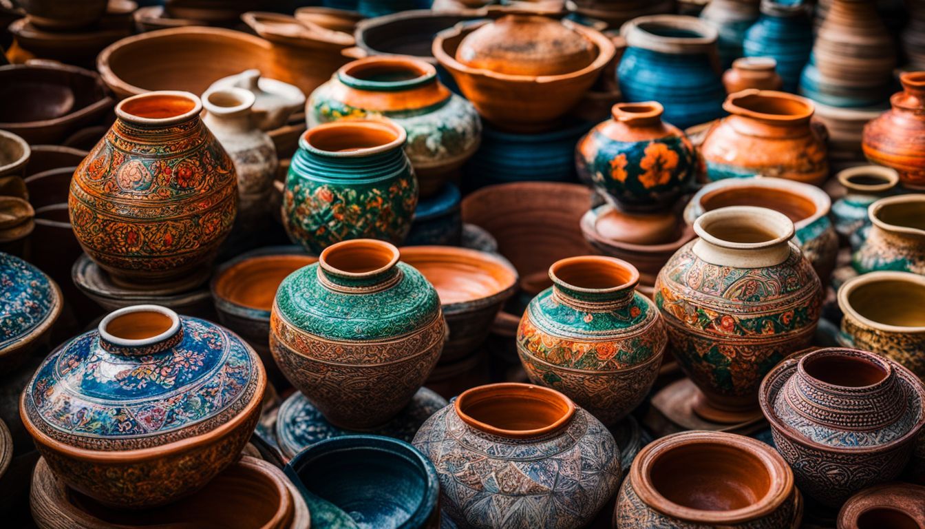 The photo showcases traditional Bangladeshi pottery art being sold in a vibrant marketplace.