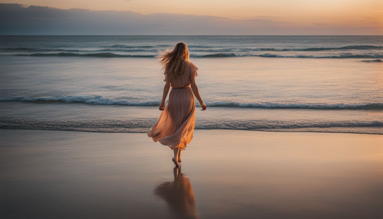 A woman in a dress walks barefoot on a beautiful beach at sunset.