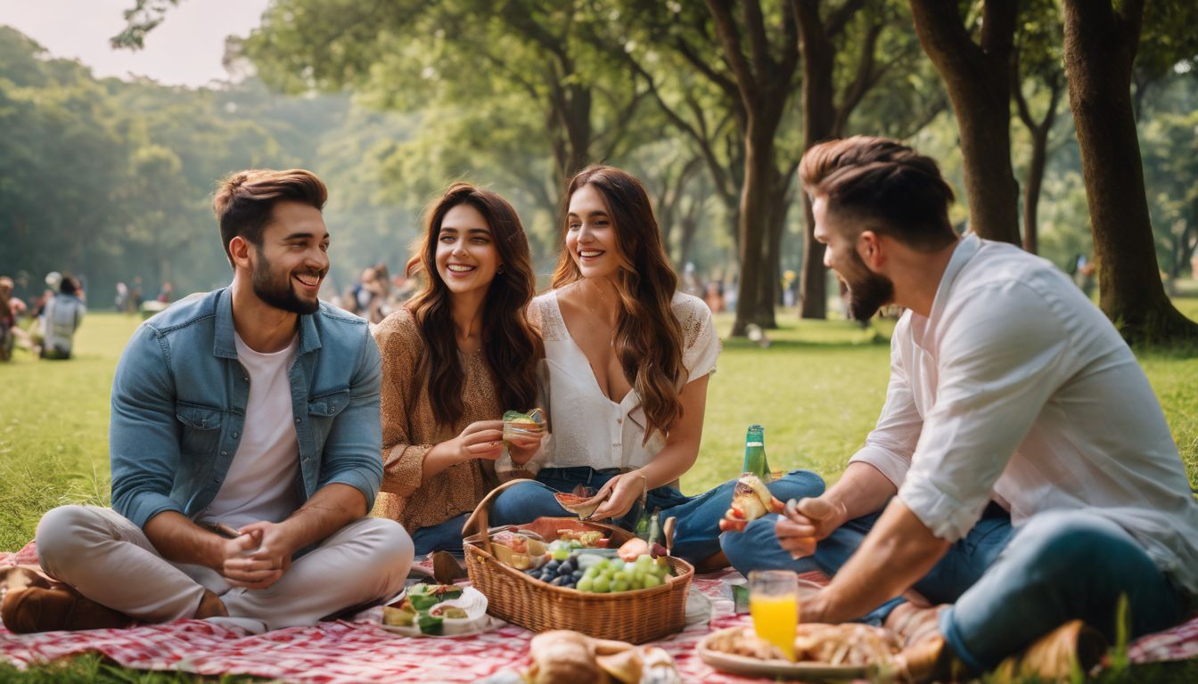 A diverse group of friends enjoy a picnic in Ramna Park, surrounded by lush greenery.