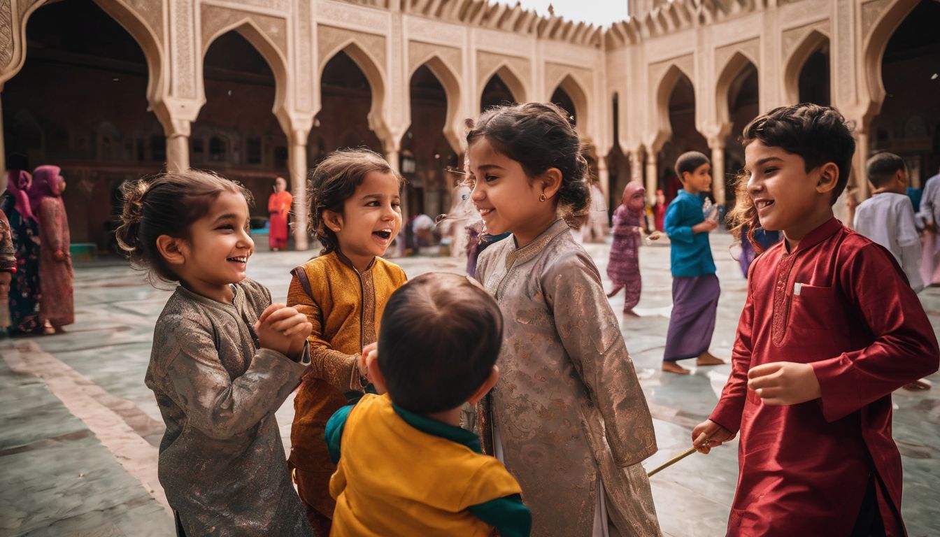 Children of diverse backgrounds playing together in the courtyard of a mosque, captured in a bustling and vibrant photograph.
